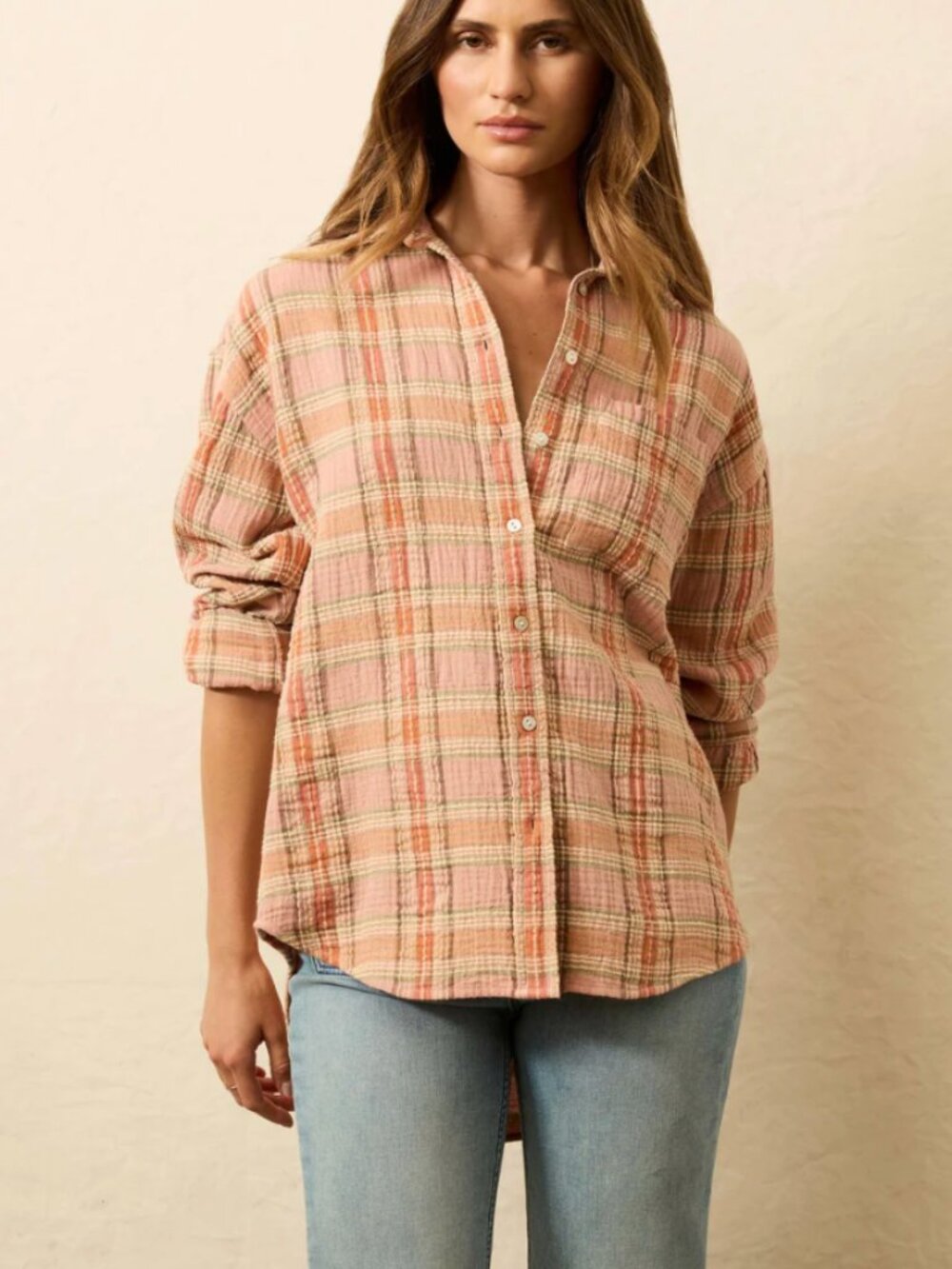 FAHERTY Dune Cotton Gauze Relaxed Shirt M Tinted Rose Water Plaid Organic Cotton